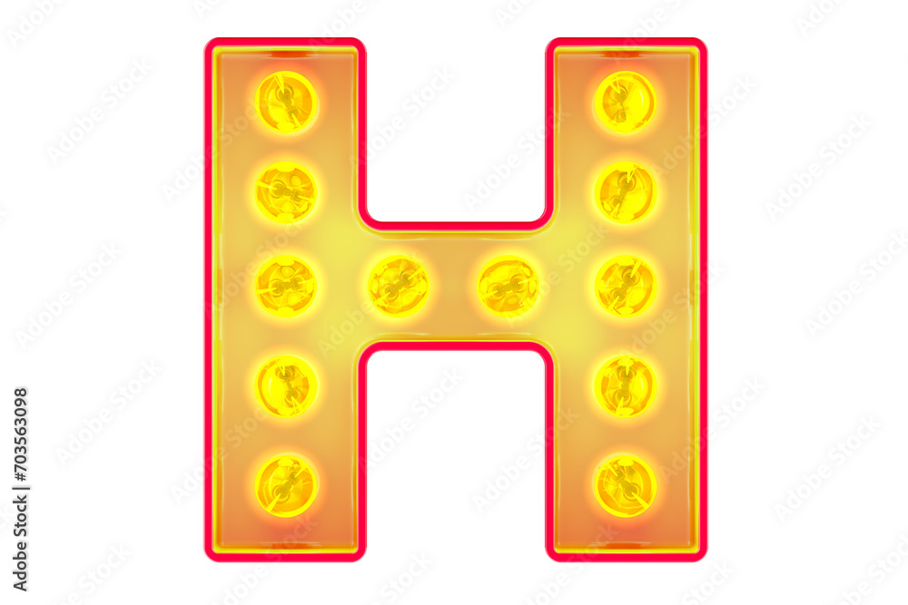 Poster light bulb letter h, glowing retro font. 3d rendering isolated on transparent background