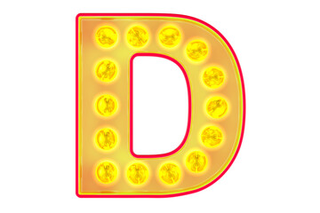 Light bulb letter D, glowing retro font. 3D rendering isolated on transparent background