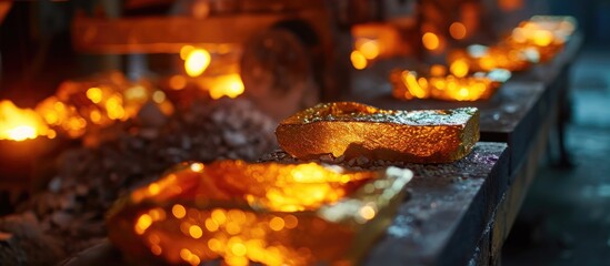 Production of yellow metal ingots in a foundry through gold mining. - obrazy, fototapety, plakaty