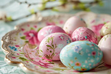 Obraz na płótnie Canvas Decorated pastel colored Easter eggs on vintage plate. Generative AI