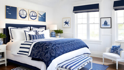 beautiful blue and white bedroom with nautical and coastal decor