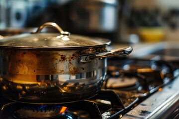 Dirty pot on the stove. Stainless pan on the hob. Generative AI