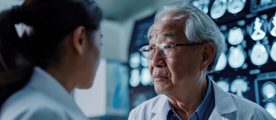 Elderly patient receiving brain scan explanation from Asian doctor. - obrazy, fototapety, plakaty