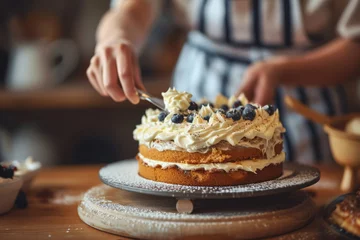 Foto op Plexiglas Woman decorating delicious cake with fresh cream. Homemade pastry. Generative AI © barmaleeva