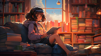lofi library, anime style