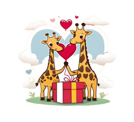 Fototapeta premium giraffe couple gift box and heart, transparent background, valentine's day