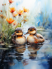 Two tiny ducklings on a pond