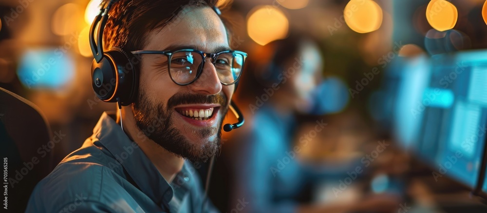Poster friendly operator in call center providing technical support with a smile.