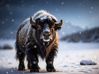 Musk Ox stands on the ice, its shaggy fur blending with the wintry landscape, embodying the resilience and beauty of Arctic wildlife.