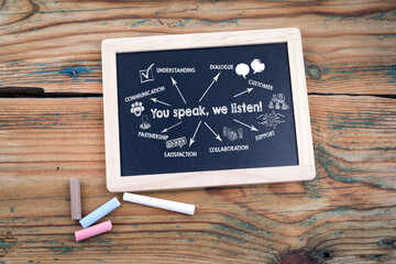 You speak, we listen. Illustration with icons, keywords and arrows. Blackboard and old wooden table