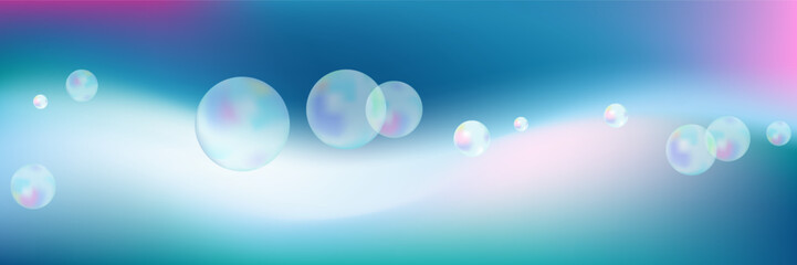 Rainbow iridescent balls on Abstract Blue turquoise pink background. Holographic vector pastel colour print for banner, web design, card. Flying isolated transparency balls.
