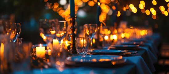 Blue candles and table setting create an atmospheric evening; 35mm horizontal photo captures the beautiful event decor.