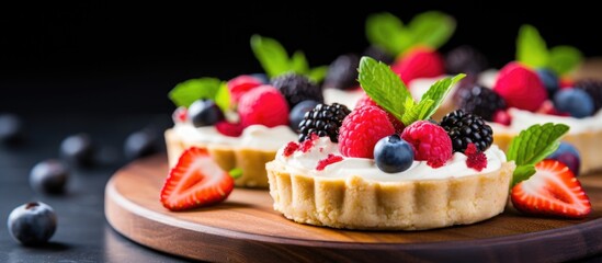 Vegan tarts or cookies, made at home with coconut cream and fresh berries, on a wooden cutting board, focused.