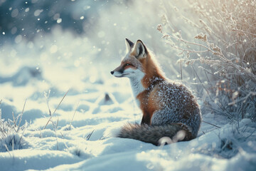 Obraz premium Cute little fox in front of charming winter scene, snowy landscape