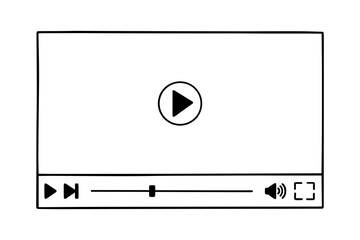 Multimedia video player template doodle. Play video online window with play button, loading slider bar in sketch style. Hand drawn vector illustration isolated on white background.