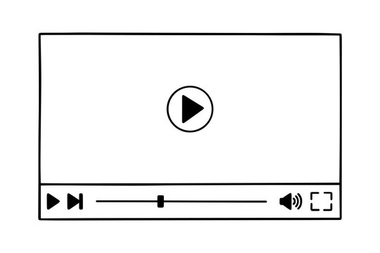 Multimedia video player template doodle. Play video online window with play button, loading slider bar in sketch style. Hand drawn vector illustration isolated on white background.