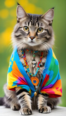 Cat dressed in hippy clothes. Humanization of animals concept.