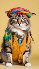 Cat dressed in hippy clothes. Humanization of animals concept.