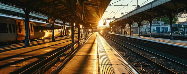 Obraz premium Railway station with modern commuter train with sunshine