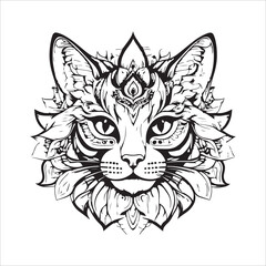illustration vector mandala head of cat black and white