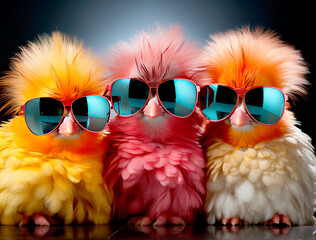 Group of colored chickens with sunglasses on black background. Collage. Crazy chick cool.