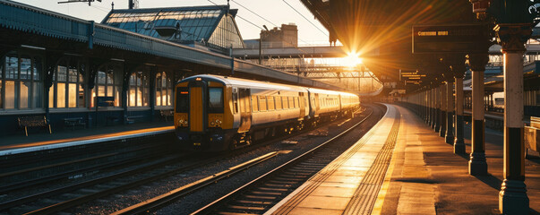 Fototapeta na wymiar Railway station with modern commuter train with sunshine