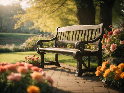 Art bench and flowers in the morning in an English park Design.