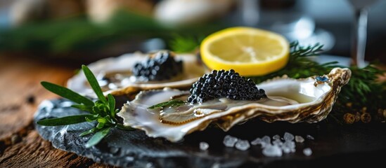 Opened oysters with black sturgeon caviar and lemon, gourmet food in a restaurant, and a delicatessen. - obrazy, fototapety, plakaty