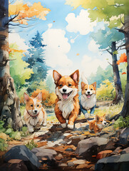 Three happy little puppies walking through the forest