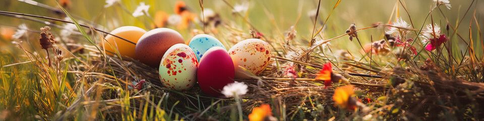 Fototapeta na wymiar Colorfully Painted Easter Eggs in Grass - Banner Size