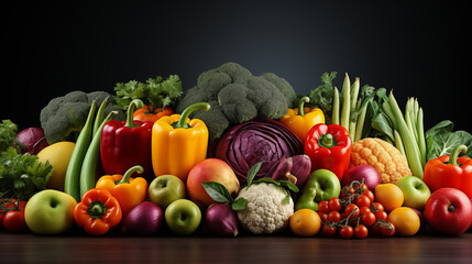 Big set of fresh ripe vegetables and fruits on the table. Concept of healthy life or diet