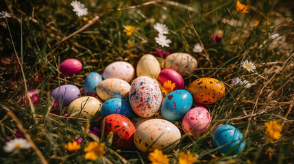 Fototapeta na wymiar Colorfully Painted Easter Eggs Lying in Grass