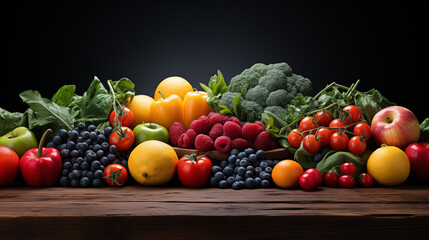Big set of fresh ripe vegetables and fruits on the table. Concept of healthy life or diet
