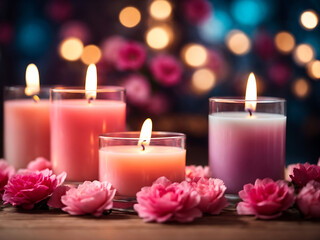 Colorful dreamy candles on bokeh background on wooden table surrounded with pink flowers. Dreamy design, Candles against bokeh lights background for clean Spa, valentine, wedding theme. 