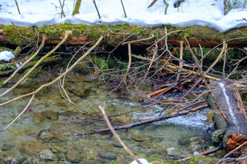Small river in Strazyska valley in Winter. Tatra mountains in Poland, Europe