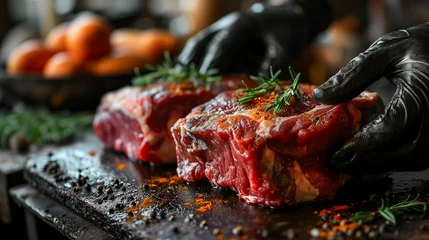 Foto op Canvas black gloved hands holding a juicy steak.  © OGRI