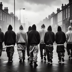 A street gang of teenage homeless boys. Destructive behavior among youth, gangs, juvenile delinquency and robbery.