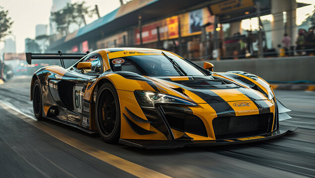 photo taken by a camera on a racing track, in the style of dark black and yellow, poster, batik, sigma 85mm f/1.4 dg hsm art, beautiful, dynamic and action-packed, made of rubber created by ai