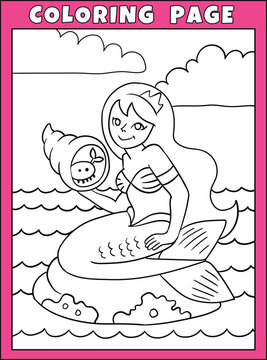 Pretty mermaid cartoon illustration for coloring book, funny female mermaid on the rock vector drawing for coloring page for children, cute character from fairy tales