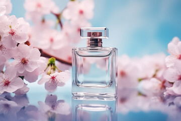 Obraz na płótnie Canvas Glass elegant perfume bottle mockup on blue background with sakura blossom flowers. Glamour advertisement banner, copy space. Generative AI