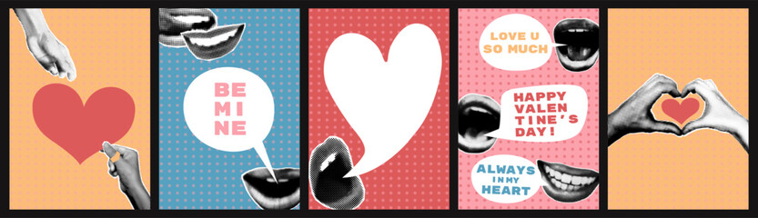 Valentines day halftone collage posters set. Hands holding hearts, lips with speech bubbles and text. Modern retro cards, postcards, banner templates, pop art vector illustration