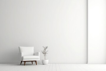Fototapeta na wymiar Modern home decor with clean, simple lines, elegant white room with a single chair and decor plant.