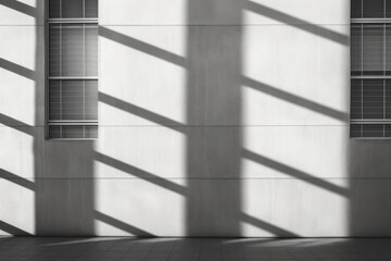 Architectural play of light and shadow on facade, geometric patterns created by sunlight on structure, building with windows