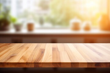 Warm wooden table top with sunlight, natural wood grain table surface, background