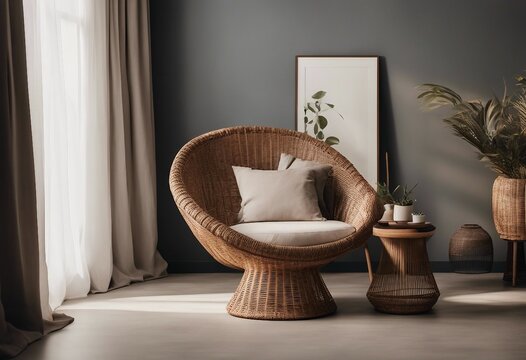 Australian Minimalist Composition Of Living Room Interior Design With Brown Wicker Armchair And Blank Artwork Frame Behind