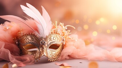 Close-up Venetian Carnival Mask with Feathers on Solid Peach Fuzz Background, Copy Space Available. Banner