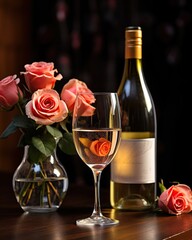 white wine and bottle with pink roses on a wooden table.