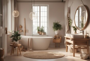 Fototapeta na wymiar Boho Scandinavian style in home interior background Beige bathroom with natural wooden furniture 