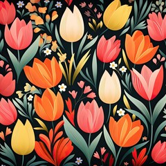 Cheerful Retro Tulip Floral Pattern for Clothing Design, Garden Imagery, Nature Blog or Plants Website Background Wallpaper Art, Vintage Flower Painting, Greeting Card Concept Artwork