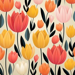 Vintage Tulip Floral Pattern for Clothing Design, Garden Imagery, Nature Blog or Plants Website White Background Wallpaper Art, Retro Flower Painting, Greeting Card Concept Artwork
